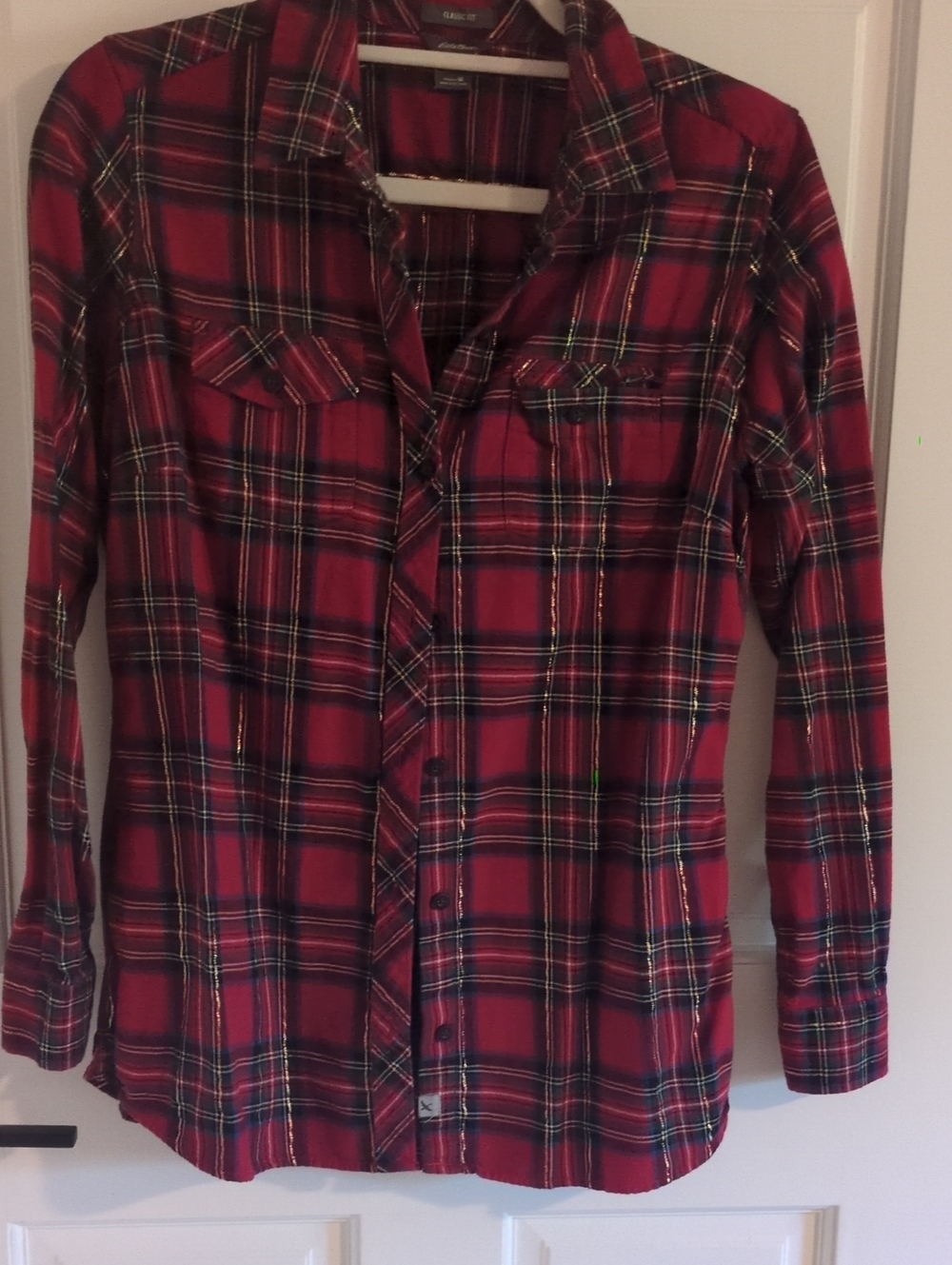 Holiday Eddie Bauer Red + Gold Plaid Button-Down Shirt